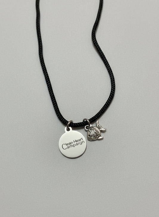 Rope necklace with tag and fish pendant