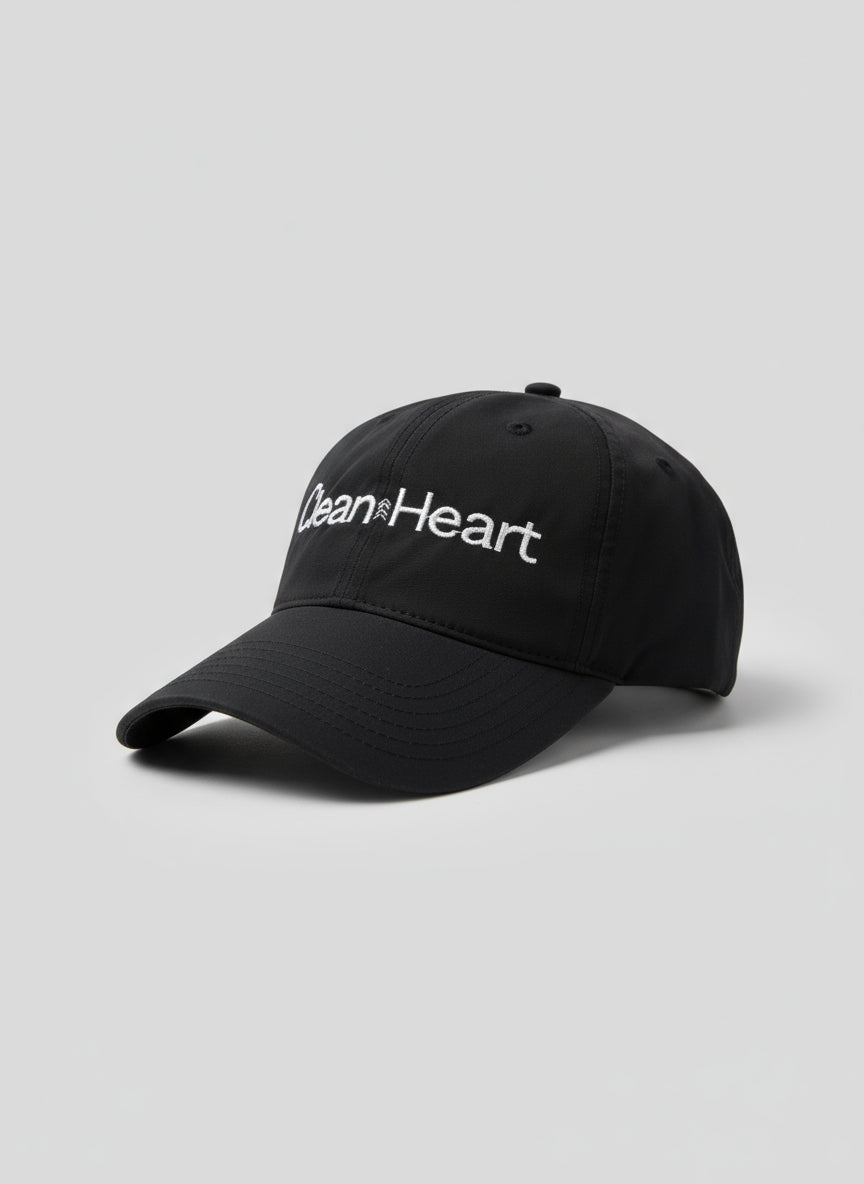 Black nylon cap with 'Clean Heart' text embroidered on it