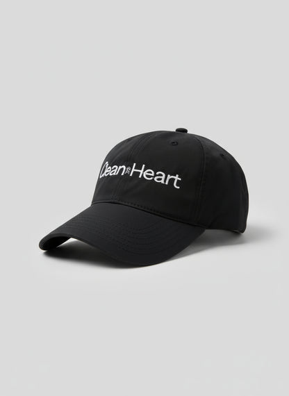 Black nylon cap with 'Clean Heart' text embroidered on it
