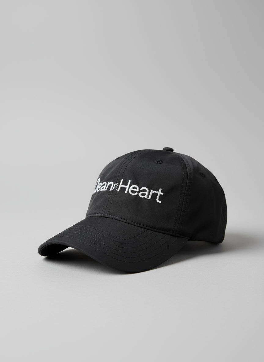 Black nylon cap with "Clean Heart" embroidered on front