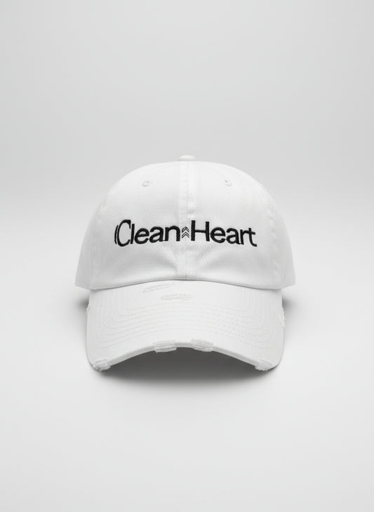 White cap with "Clean Heart" embroidered in black 