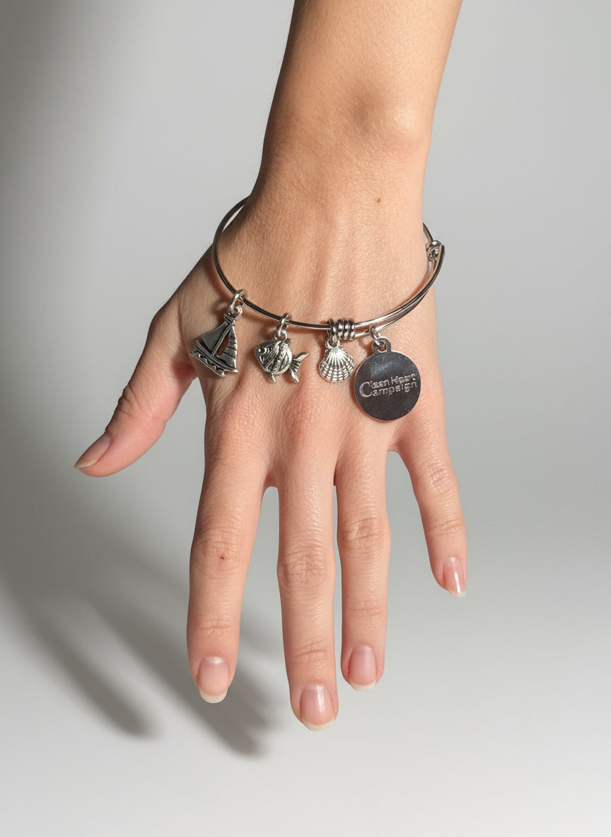 Silver bracelet with charms on a wrist 