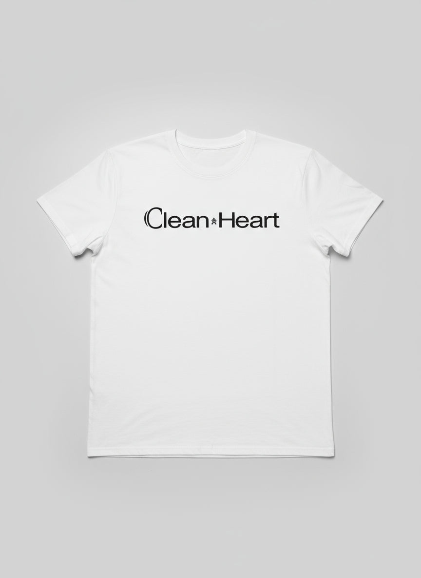 White t-shirt with 'Clean Heart' text 
