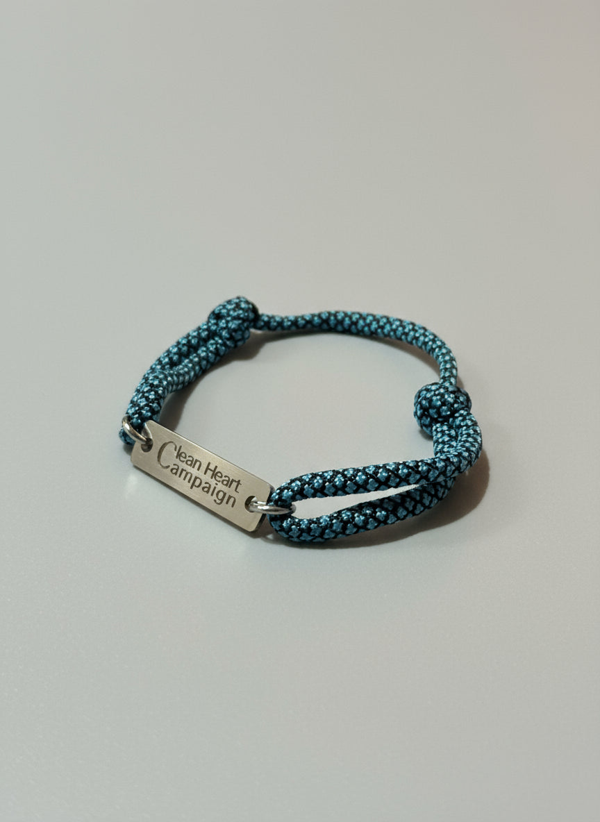 Bracelet with textured band and engraved tag "Clean Heart Campaign"