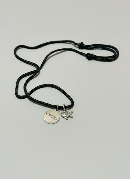 Black cord with a silver fish and tag pendant 