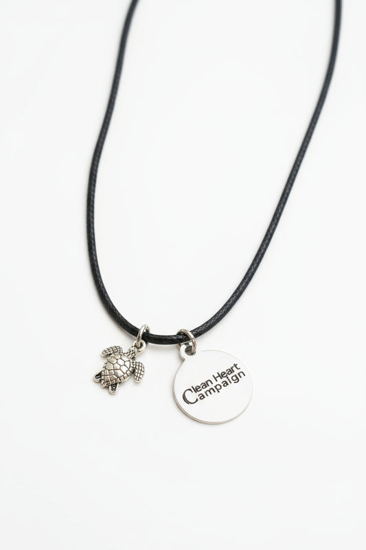 Necklace with turtle charm and 'Clean Heart Campaign' tag 