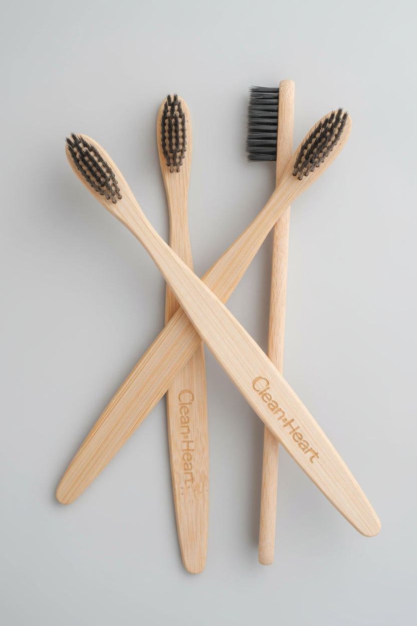 Bamboo toothbrushes with black bristles branded 'Clear Heart'